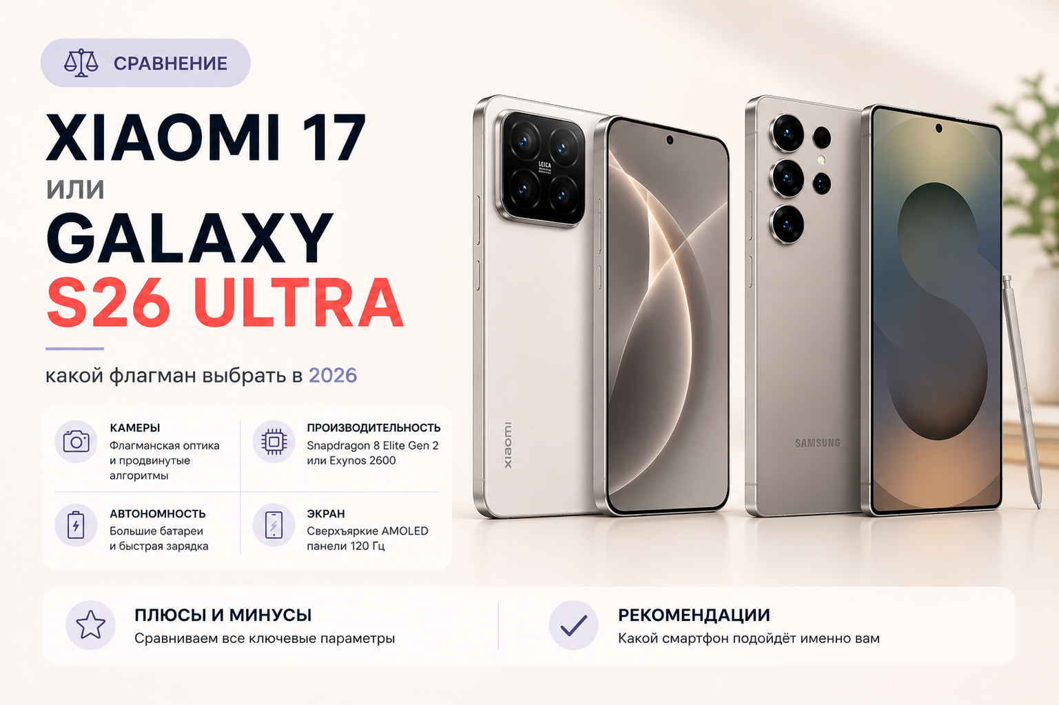Xiaomi 17 vs Samsung Galaxy S26 Ultra: сравнение флагманов 2026