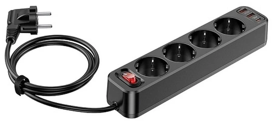 Купить Сетевой фильтр HOCO NS1 Aura PD 18W+QC 3.0 4 гнезда+2USB+Type-C USB-C 1.8м Черный Сетевой фильтр HOCO NS1 Aura PD 18W+QC 3.0 4 гнезда+2USB+Type-C USB-C 1.8м Черный