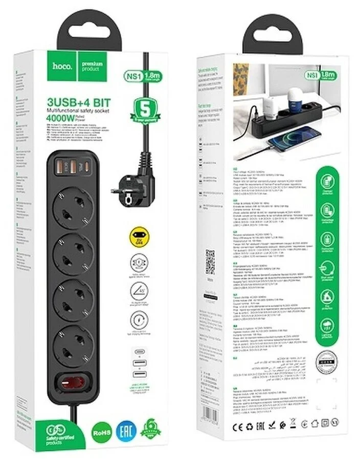 Купить Сетевой фильтр HOCO NS1 Aura PD 18W+QC 3.0 4 гнезда+2USB+Type-C USB-C 1.8м Черный Сетевой фильтр HOCO NS1 Aura PD 18W+QC 3.0 4 гнезда+2USB+Type-C USB-C 1.8м Черный