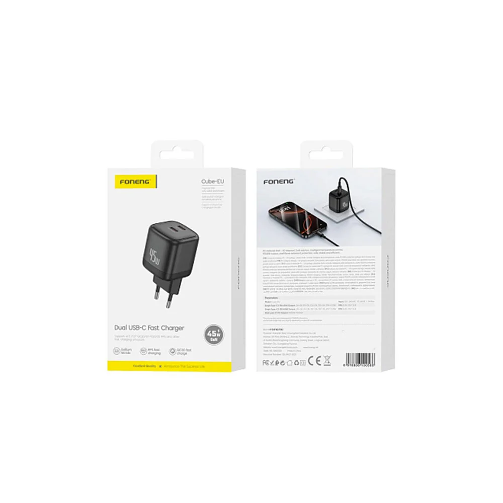 Сетевое зарядное устройство FONENG GaN 45W (Cube EU) (Type-C * 2) Черный